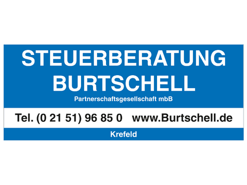 Blaue Werbetafel f&uuml;r Steuerberatung Burtschell mit Kontaktinformationen und Website unterhalb des Namens in Krefeld.