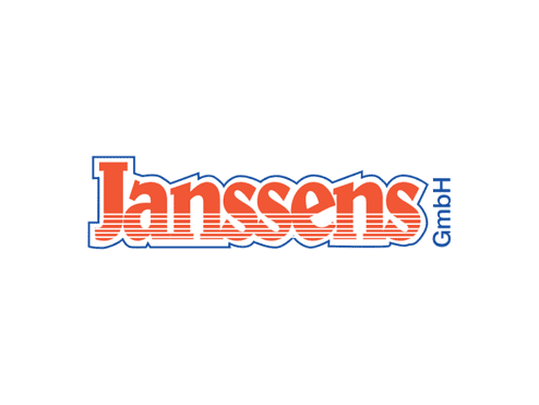 Logo der Janssens GmbH in orange und blau, mit modernen Schriftz&uuml;gen und gestreiftem Designelement.