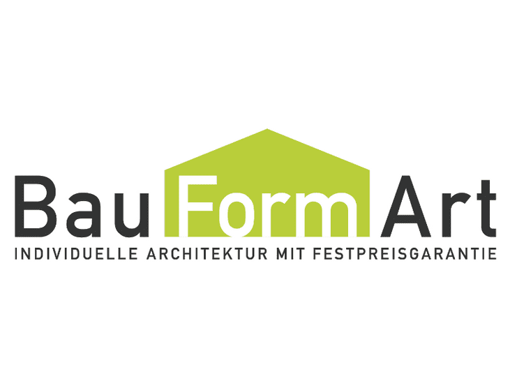 Logo von BauFormArt mit gr&uuml;ner Hausgrafik und dem Slogan &bdquo;Individuelle Architektur mit Festpreisgarantie&ldquo;.
