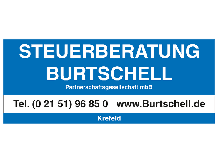 Blaue Werbetafel f&uuml;r Steuerberatung Burtschell mit Kontaktinformationen und Website unterhalb des Namens in Krefeld.