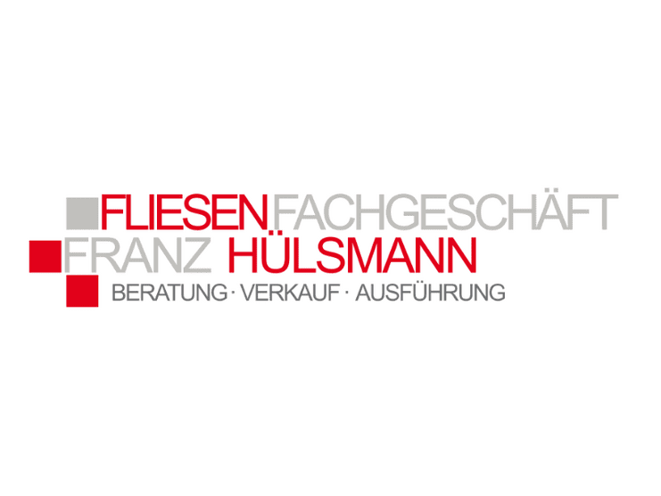 Logo des Fliesenfachgesch&auml;fts Franz H&uuml;lsmann mit den Worten: "Beratung &middot; Verkauf &middot; Ausf&uuml;hrung" in Grau und Rot.