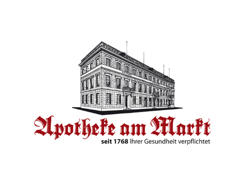 Skizze eines historischen Geb&auml;udes mit dem Schriftzug "Apotheke am Markt" und dem Gr&uuml;ndungsdatum 1768.