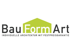 Logo von BauFormArt mit grüner Hausgrafik und dem Slogan „Individuelle Architektur mit Festpreisgarantie“.