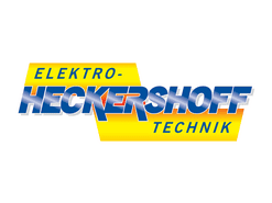 Logo der Firma "Elektro-Heckershoff Technik" in Blau, Gelb und Weiß, mit markantem Schriftzug und farblichen Akzenten.