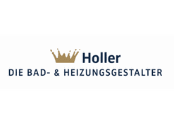 Logo von Holler, die Bad- und Heizungsgestalter, mit goldener Krone und blauem Schriftzug auf weißem Hintergrund.