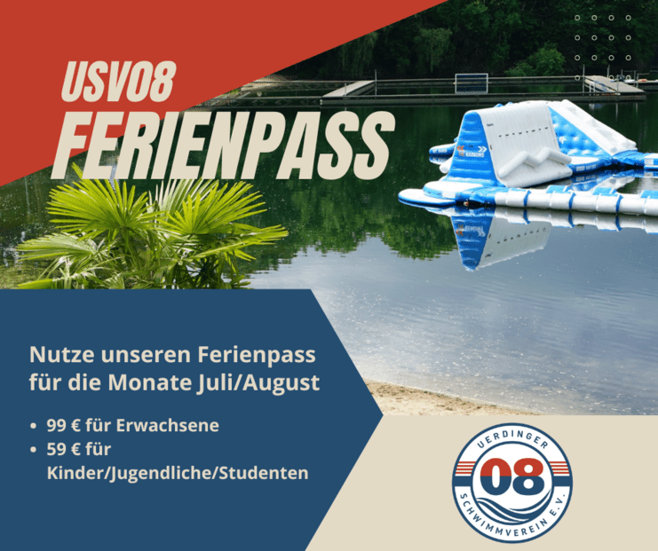 Ferienpass-Angebot des Uerdinger Schwimmvereins vor einem See mit einem Schwimmspielgerät. Preise für Erwachsene und Kinder.