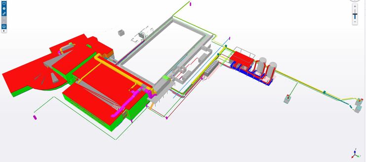 3D-Darstellung eines Industriekomplexes mit farbigen Rohrleitungen und verschiedenen Geb&auml;udeteilen.