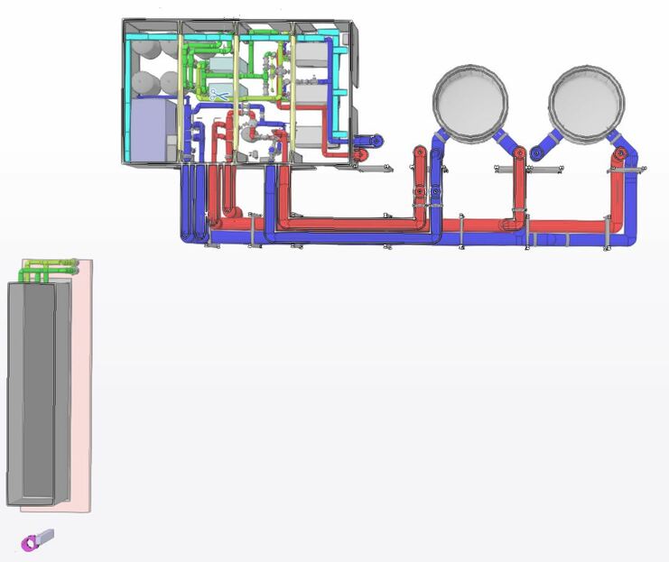 Schematische Darstellung eines Rohrleitungsnetzes mit unterschiedlichen Farben f&uuml;r verschiedene Leitungen und Beh&auml;lter.