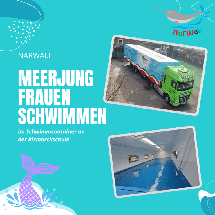 Grüner Lkw steht an einem Schwimmcontainer mit einem Innenraum und einem blauen Pool, beschriftet mit "Meerjungfrau Schwimmen".