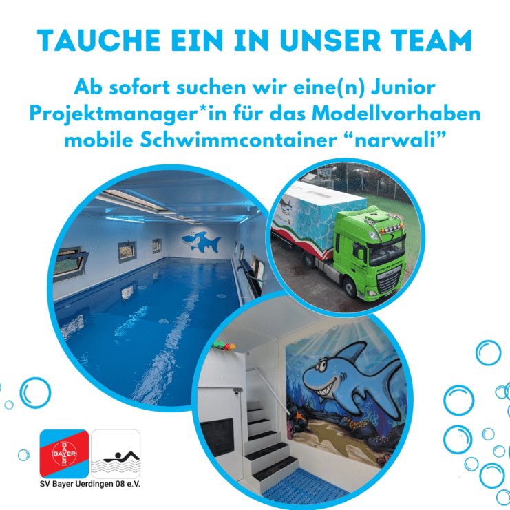 Innenansicht eines Schwimmcontainers mit blauem Wasser, Haifischnest und Treppe, umgeben von mehreren Bildern und Texten.