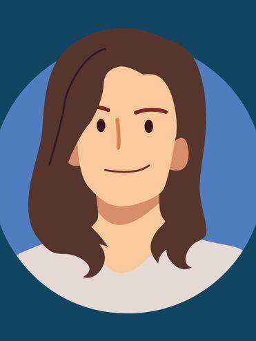 Illustration eines l&auml;chelnden Menschen mit langen, braunen Haaren vor einem einfarbigen Hintergrund.