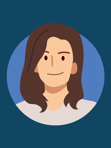 Illustration eines lächelnden Menschen mit langen, braunen Haaren vor einem einfarbigen Hintergrund.