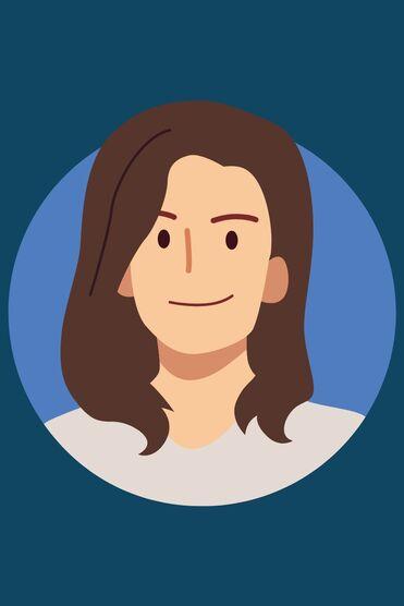 Illustration eines lächelnden Menschen mit langen, braunen Haaren vor einem einfarbigen Hintergrund.