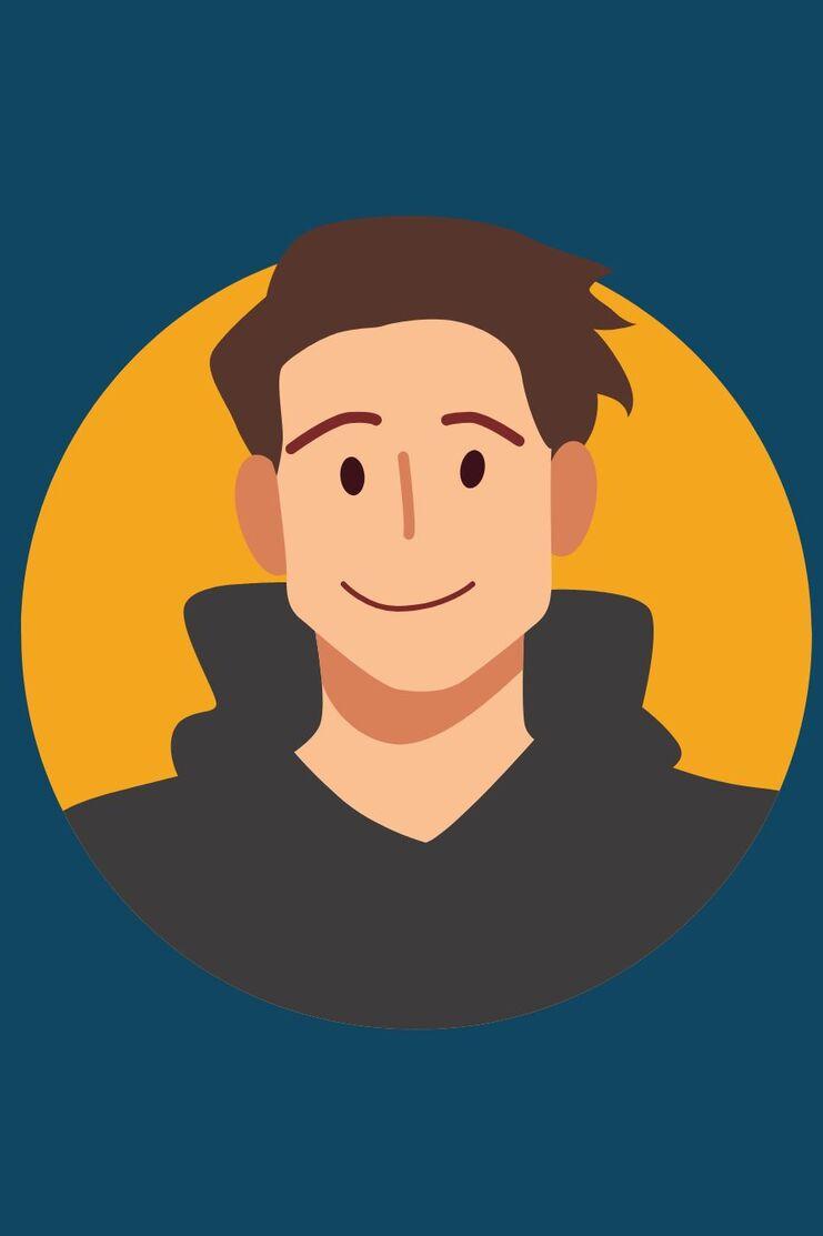 Illustration eines lächelnden Mannes mit kurzen braunen Haaren, getragenem schwarzen Hoodie und gelbem Hintergrund.