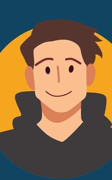 Illustration eines lächelnden Mannes mit kurzen braunen Haaren, getragenem schwarzen Hoodie und gelbem Hintergrund.