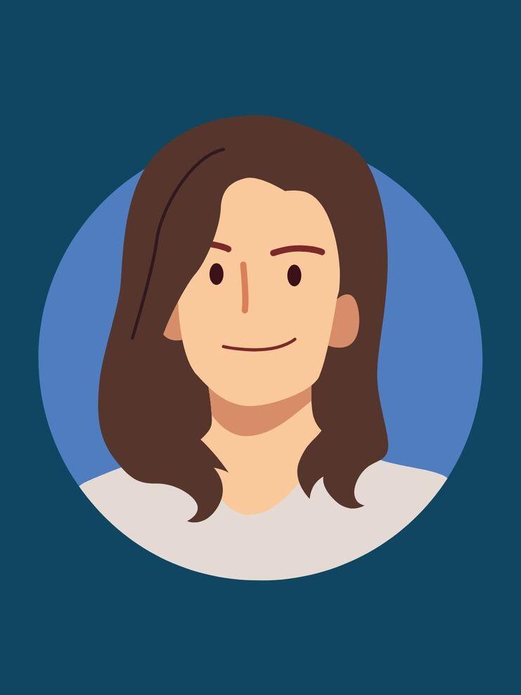 Illustration eines lächelnden Menschen mit langen, braunen Haaren vor einem einfarbigen Hintergrund.