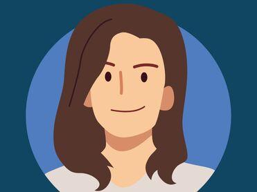 Illustration eines l&auml;chelnden Menschen mit langen, braunen Haaren vor einem einfarbigen Hintergrund.