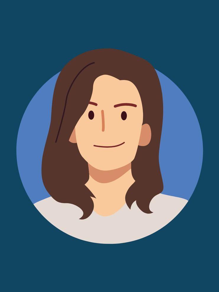 Illustration eines lächelnden Menschen mit langen, braunen Haaren vor einem einfarbigen Hintergrund.