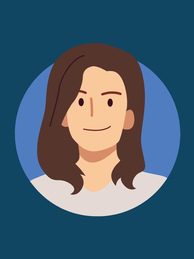 Illustration eines lächelnden Menschen mit langen, braunen Haaren vor einem einfarbigen Hintergrund.