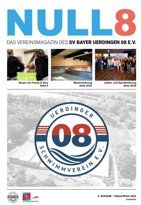 Cover des Vereinsmagazins "NULL 8" des SV Bayer Uerdingen 08 e.V. mit Logo und Themenübersicht.