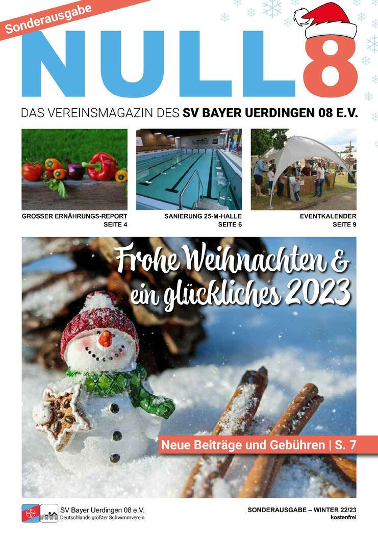 Titelbild eines Vereinsmagazins mit einem Schneemann und Weihnachtsgrüßen in verschneiter Umgebung.